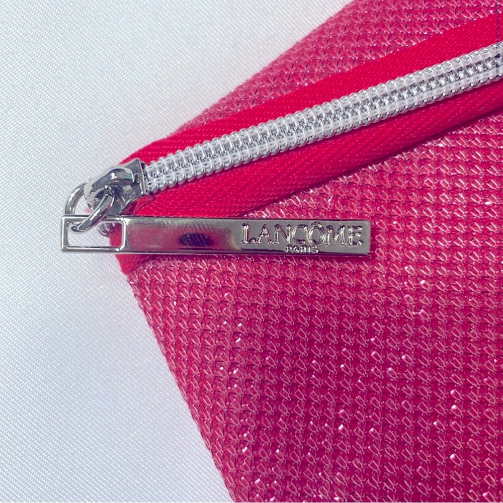 LANCÔME Makeup Bag Pink w/Silver Glittery Asymmetrical Zipper, EUC  (RDBIN)